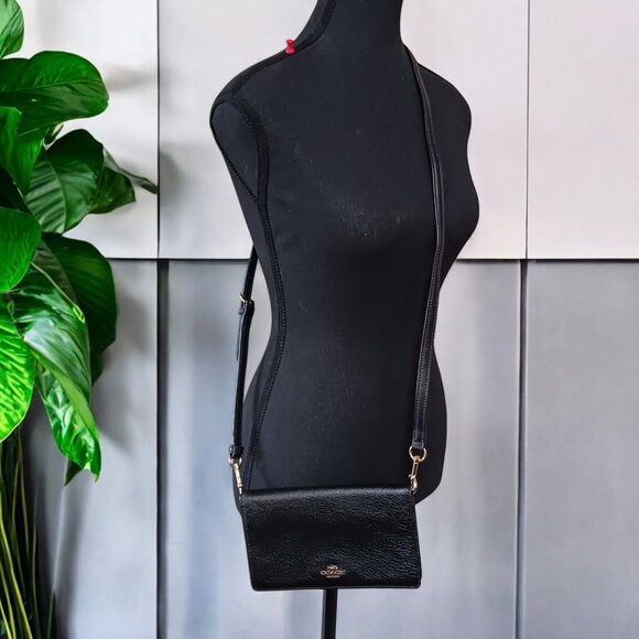 Coach Black Pebbled Leather Fold Over Wallet 3 way Clutch/ Crossbody - Picture 2 of 12